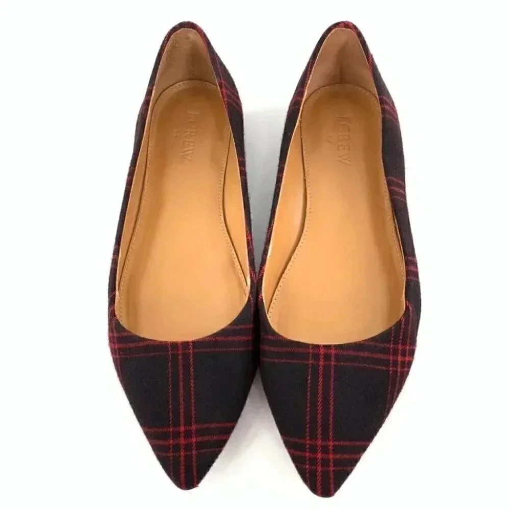 J crew factory Amelia ballet flats 6.5 red blue tartan plaid preppy Academia